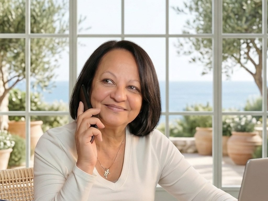 Norita at her desk in a sunlit room with a sea-view window, planning trips on her laptop