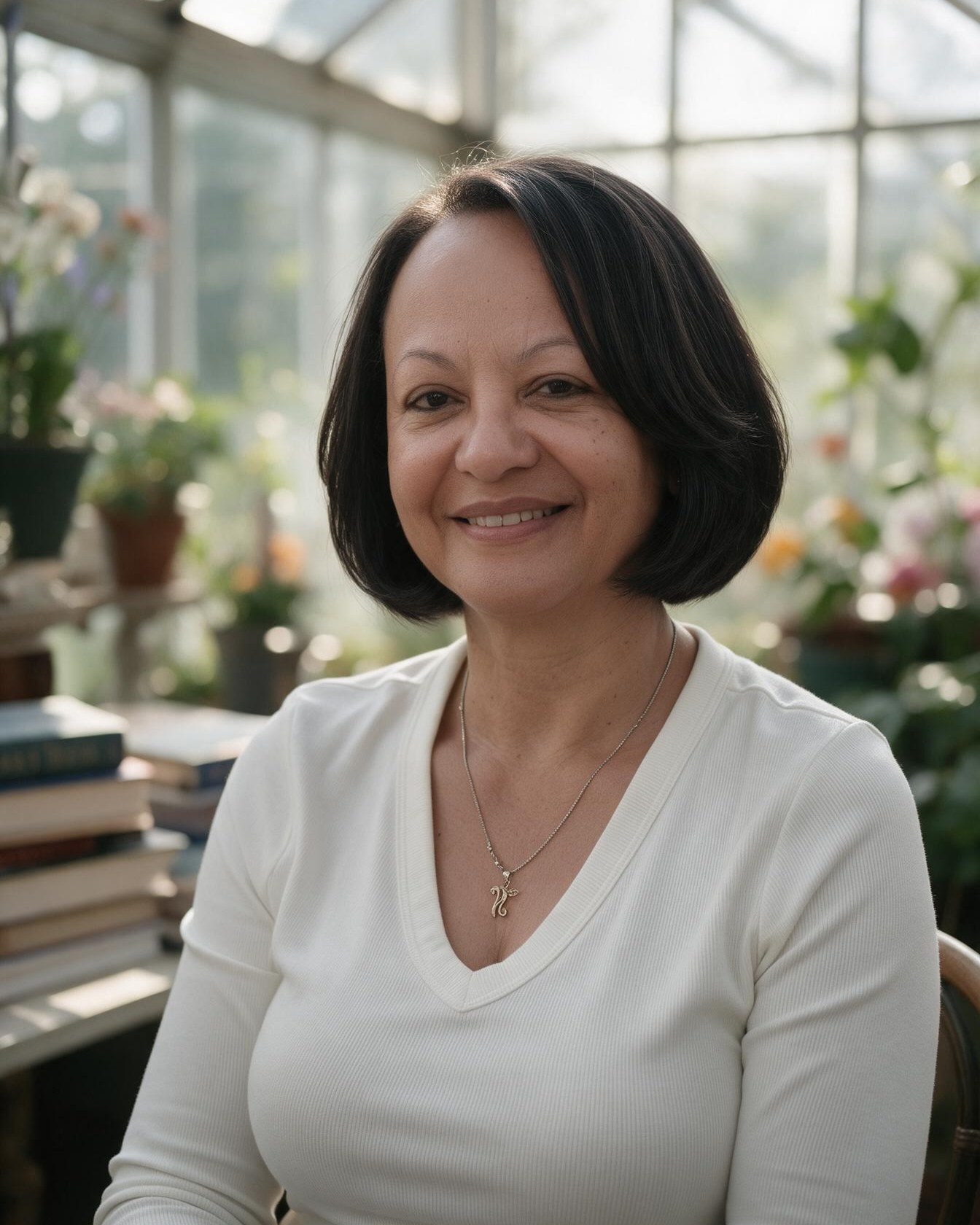 Norita, your travel mentor, seated in a sunlit sunroom surrounded by plants